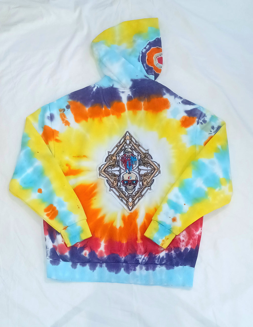 'fully melted face' embroidered back patch tie dye pullover hoodie (READY TO SHIP)