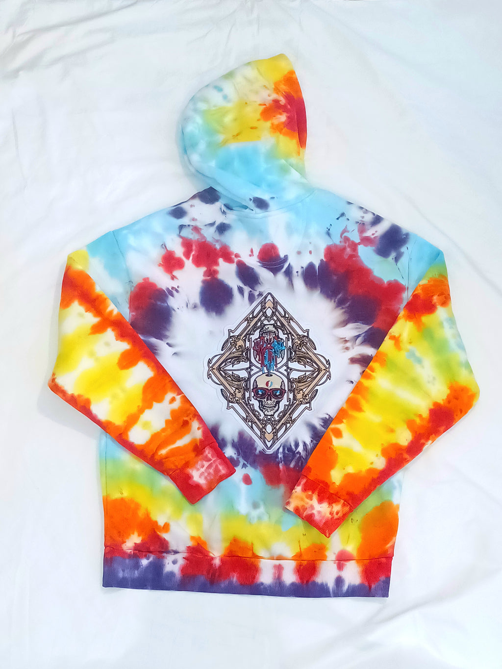 'fully melted face' embroidered back patch tie dye pullover hoodie (READY TO SHIP)