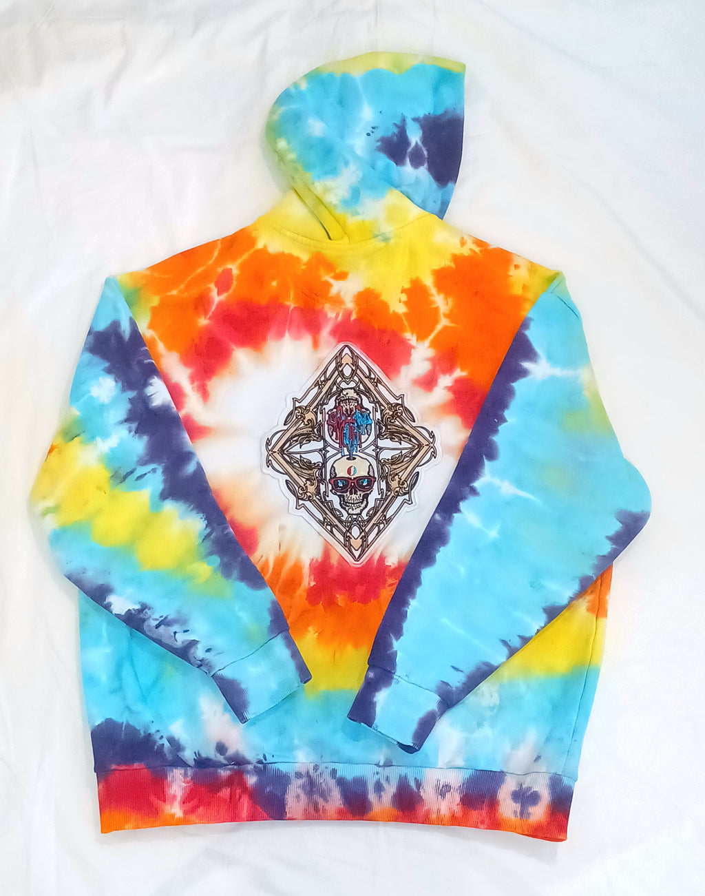 'fully melted face' embroidered back patch tie dye pullover hoodie (READY TO SHIP)